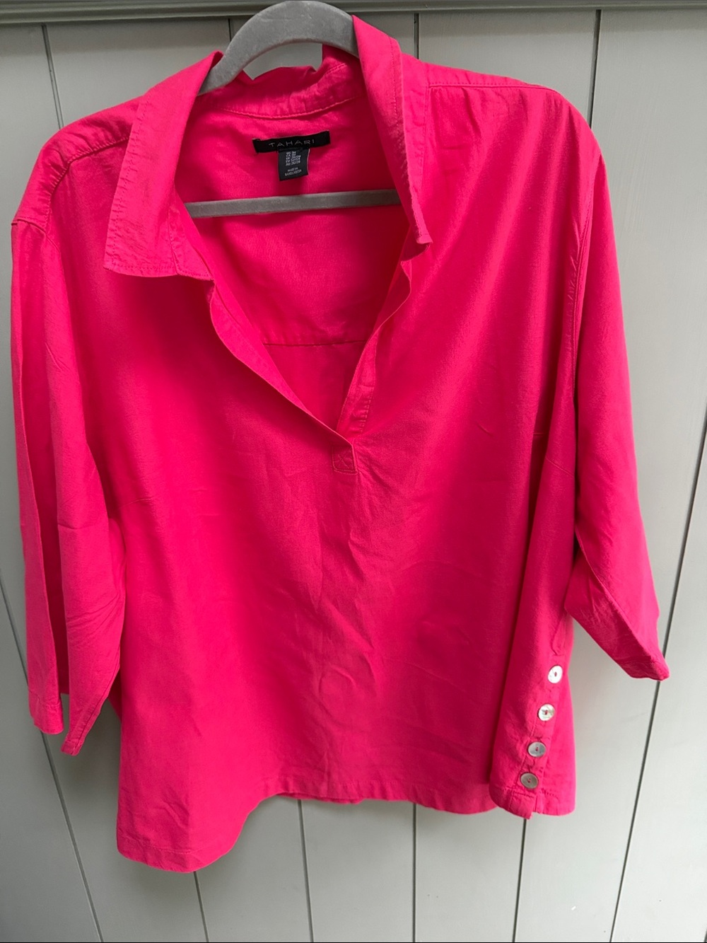 Tahari Hot Pink Collared V-Neck Tunic with Cuff Buttons